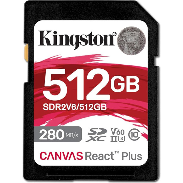 Kingston Canvas React Plus V60 SD 512GB SDXC UHS-II 280R/150W U3 V60 priekš Full HD/4K