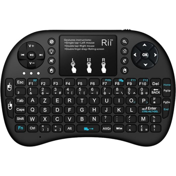 Rii Mini i8 bezvadu ergonomiska aizmugurgaismota franču (Azerty) + bezvadu mini tastatūra ar skārienpaliktni viedajam televizoram, HTPC, mini datoram, MP3 atskaņotājam, datoram (melna)