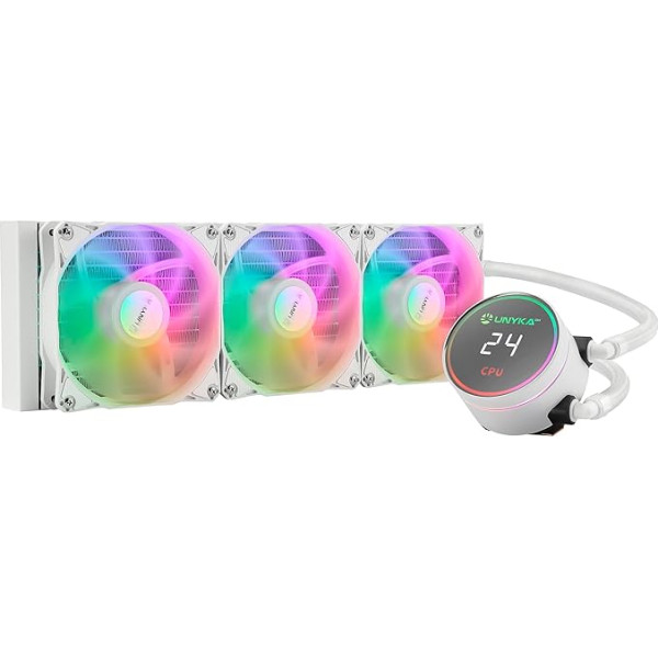 UNYKAch Aquastorm White 360 CPU šķidruma dzesēšana, kluss sūknis, CPU temperatūras kontroles displejs un trīs RGB ventilatori ar PWM sensoru