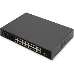 DIGITUS 18 portu Fast Ethernet PoE tīkla komutators - 16x 100 Mbps RJ45 + 1x Gbps RJ45 Combi + 1x SFP ports - 19 collu - 185 W PoE budžets - 10/100 Mbps