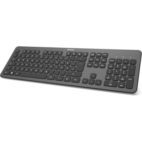 Hama KW-700 bezvadu tastatūra (klusā tastatūra, vācu taustiņu izkārtojums QWERTZ ar ciparu tastatūru datoriem un klēpjdatoriem, plakanā tastatūra ar 12 multivides taustiņiem, lāzera marķēta bezvadu tastatūra), melna, sudraba krāsā