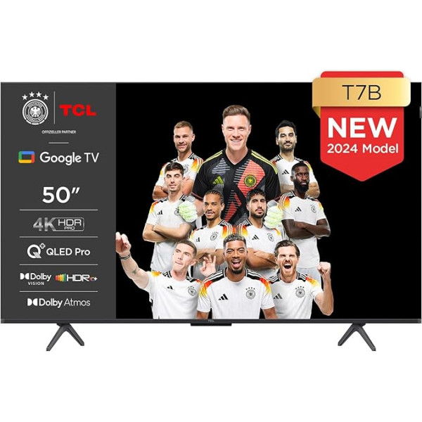 TCL 50T7B 50 collu QLED Pro televizors, 4K Ultra HD, HDR Pro, viedtelevīzija ar Google TV atbalstu (Dolby & Atmos, kustību skaidrība, brīvroku balss vadība, saderīgs ar Google Assistant un Alexa)