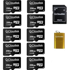 Cloudisk Micro SD karte Maza ietilpība 10 iepakojumā 256MB (ne GB) ar Micro SD adaptera karšu lasītāju Atmiņas karte maziem datiem, failiem, reklāmām vai veicināšanas pasākumiem (pārāk maza visiem video)