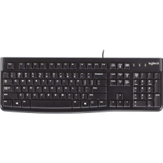 Logitech K120 vadu tastatūra operētājsistēmai Windows, USB ports, Silent Touch, izturīga, noturīga pret šļakatām, regulējams tastatūras statīvs, franču AZERTY izkārtojums - melna