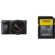 Sony Alpha 6400 APS-C bezspoguļa kamera ar 18-135 mm f/3,5-5,6 tālummaiņas objektīvu (ātra 0,02 sekundes automātiskā fokusēšana, noliekts displejs videoreportāžu uzņemšanai) + atmiņas karte