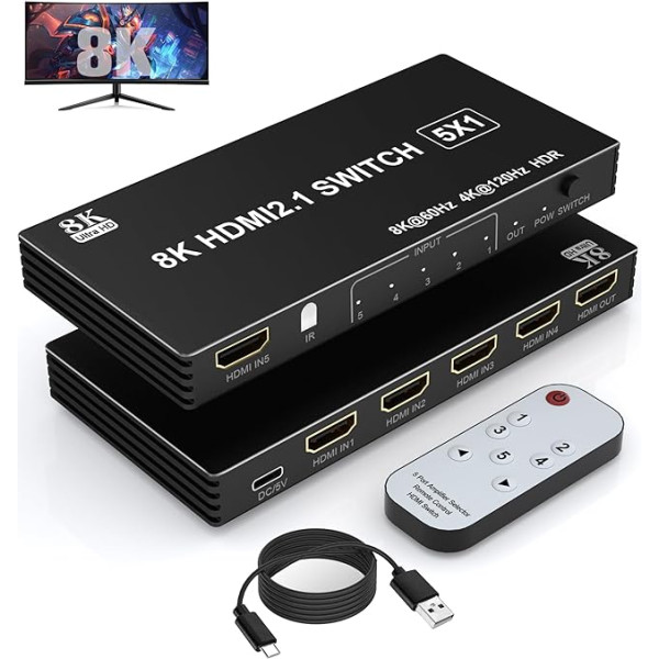 8K HDMI 2.1 slēdzis 4K 120Hz, HDMI slēdzis 5 in 1 Out ar IR tālvadības pulti, 5 portu HDMI 2.1 sadalītājs 8K 60Hz Xbox PS5 PC TV