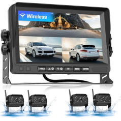 CAMECHO Kabellos Digital Rückfahrkamera Set mit 7 Zoll IPS Monitor & 4*Wasserdicht Rückfahrkameras,Unterstützung Video Wiederholen/Geteilte Ansicht/Image Flip für Auto Minivans SUV-12V