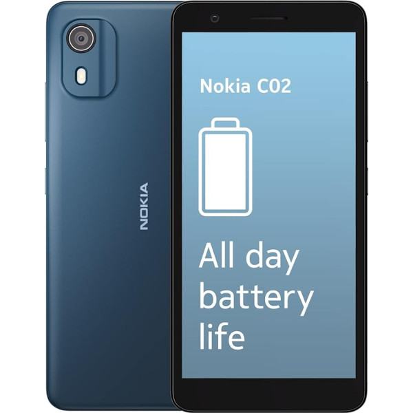 Nokia C02 5,45-Zoll-Dual-SIM-Smartphone, Android 12 (Go-Edition) - 5-MP-Rück-/2-MP-Frontkamera, Porträtmodus, 2 GB RAM/32 GB ROM, robuste Verarbeitungsqualität mit IP52-Einstufung, 3000-mAh-Akku - Cya