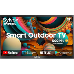 SYLVOX 1000 Nits 55 collu āra televizors IP55 ūdensizturīgs, Smart Android TV 4K UHD, HDR 10, Dolby Audio televīzijas balss meklēšana, DTV un ATV, DVB-T/C/T2/S/S/S2 HBBTV Chromecast, Bluetooth un WiFi, Deck Pro