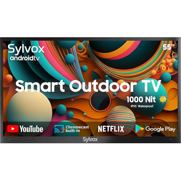 SYLVOX 1000 Nits 55 collu āra televizors IP55 ūdensizturīgs, Smart Android TV 4K UHD, HDR 10, Dolby Audio televīzijas balss meklēšana, DTV un ATV, DVB-T/C/T2/S/S/S2 HBBTV Chromecast, Bluetooth un WiFi, Deck Pro