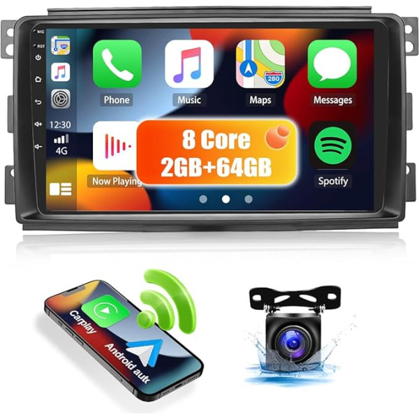 8-core CAMECHO Android 12 Auto Radio Double DIN ar navigācijas sistēmu Mercedes-Benz Smart Fortwo 2005-2010, 2G + 64G, 9 collu ekrāns ar Carplay Bezvadu Android auto DSP RDS Bluetooth Mirror Link