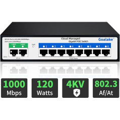 Goalake Switch Poe+ Gigabit 10 prievadų, Gigabit Ethernet komutatorius debesyje, 8 Poe prievadai, 120 W, 2 Gigabit Uplink, 802.3af/at, lengvai valdoma programėlė, debesies aptikimas, VLAN, debesies perkrovimas, 250 m