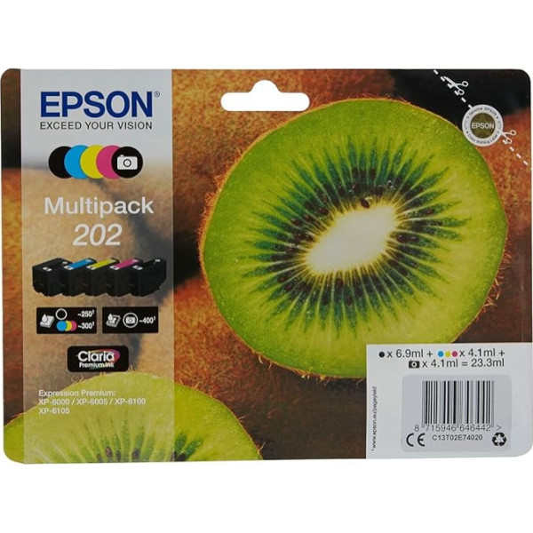 Epson Original-Tinte 202 Multipack mit 5 Schwarz, Gelb, Cyan, Magenta, Photo, Schwarz, Originalverpackung, mit RF-/Akustikalarmen für Expression Premium XP-6000, XP-6005, C13T02E74020, Standard