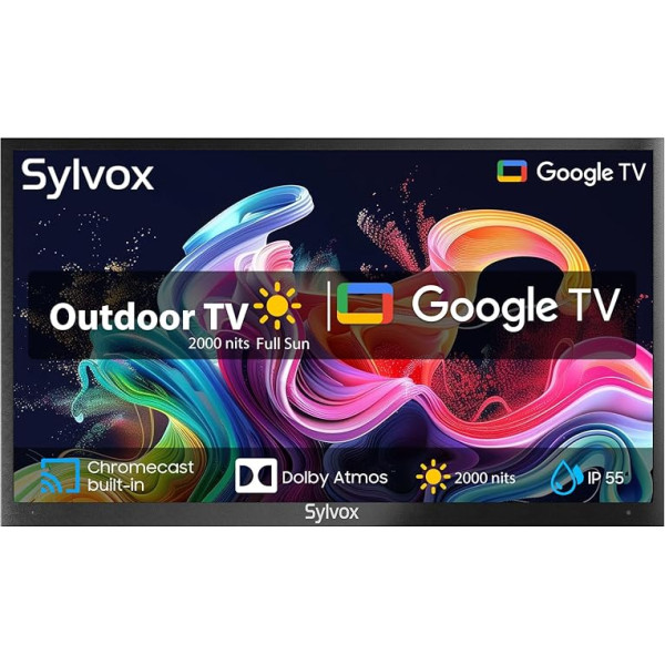 SYLVOX 4K 43 collu āra televizors 2000 nitu, IP55 ūdensizturīgs, HDR10, Smart Google TV, Dolby Atmos, Chromcast, Google Assistant, trīskāršs uztvērējs Pool Pro 2.0