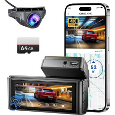 JOMISE J6 Dash Cam Automašīnas priekšējā aizmugurējā 4K Dual Dash Cam ar 3,16 collu IPS skārienjūtīgo ekrānu, iebūvētu WiFi GPS, Super nakts redzamību, WDR, G-sensoru, cilpas ierakstīšanu, 24 stundu stāvēšanas režīmu, bezmaksas 64 GB 