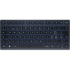 CHERRY KW 7100 Mini BT kompaktā vairāku ierīču tastatūra ar 3 Bluetooth kanāliem, Šveices izkārtojums (QWERTZ), plakana konstrukcija, somiņa un koferis, slānekļa zils