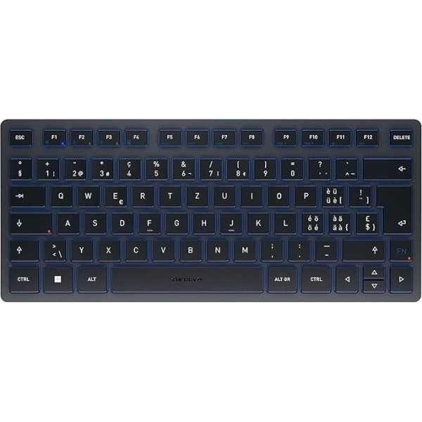 CHERRY KW 7100 Mini BT kompaktā vairāku ierīču tastatūra ar 3 Bluetooth kanāliem, Šveices izkārtojums (QWERTZ), plakana konstrukcija, somiņa un koferis, slānekļa zils