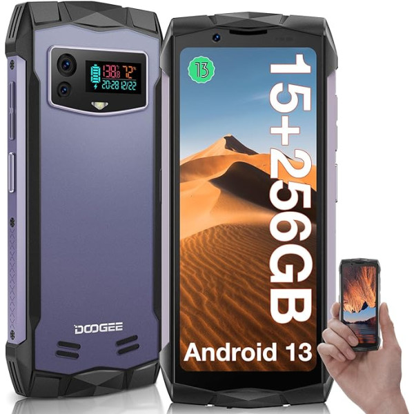 DOOGEE Smini izturīgs viedtālrunis ar Android 13, 15GB + 256GB TF 2TB, neiznīcināms tālrunis, 4,5 collu QHD+, inovatīvs displejs, 50 MP galvenā kamera, NFC, IP68, IP69K, GPS/Face ID