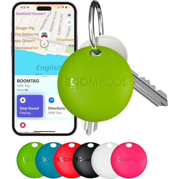 Boompods Boomtag Boomtag Bluetooth Tracker Tag Item Finder, viedas ilgtspējīgas izsekošanas ierīces atslēgām/valodai/ bagāžai/ somai/ceļasomas somai, izsekošanas sīkrīki/lokators, saderīgs ar Apple Find My App - laima zaļš