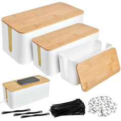 Supkiir 3er-Set Kabelbox, Kabelmanagement Kabel Organizer Box Weiß, Steckdosen Verstecken Kabelsammler mit Bambusdeckel Holzdeckel für Kabel Adapter Steckerleisten Groß Mittel und Klein