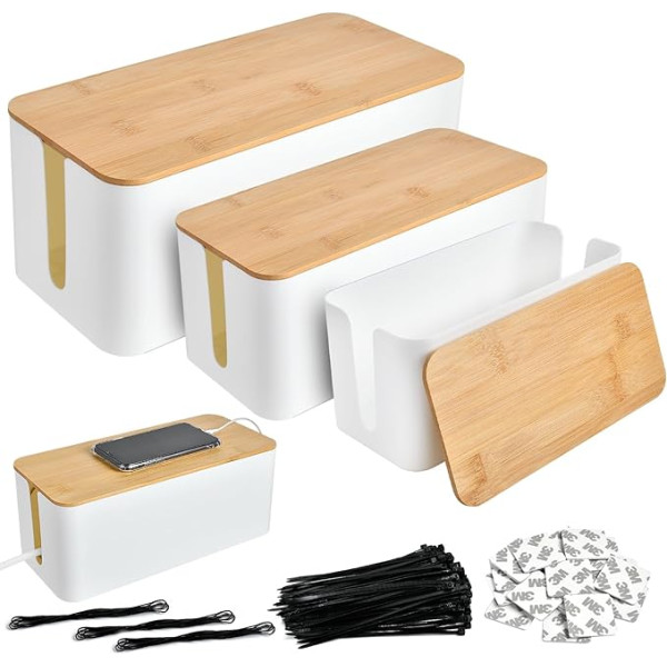 Supkiir 3er-Set Kabelbox, Kabelmanagement Kabel Organizer Box Weiß, Steckdosen Verstecken Kabelsammler mit Bambusdeckel Holzdeckel für Kabel Adapter Steckerleisten Groß Mittel und Klein