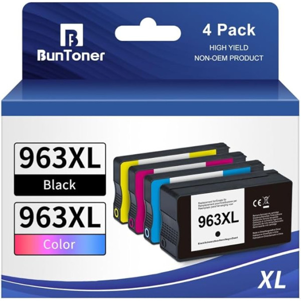 BunToner 963 XL printeru kasetnes, kas ir saderīgas ar HP 963XL Multipack priekš HP Officejet Pro 9010, kas paredzētas HP 9012 9020 9014 9015 9019 (melns, ciāndzeltens, dzeltens, 4 iepakojums)