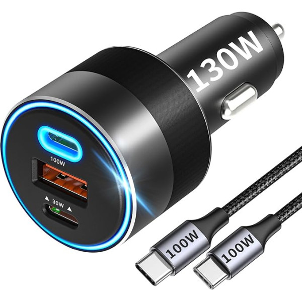 130W USB C auto lādētājs, auto lādētājs ar 3 pieslēgvietām PD 100W PD3.0/QC4.0/PPS ātrās uzlādes adapteris ar 100W USB C kabeli, saderīgs ar iPhone 15/14/13, Galaxy S23/S22/S21/Note20, iPad, planšetdatoru, portatīvo datoru