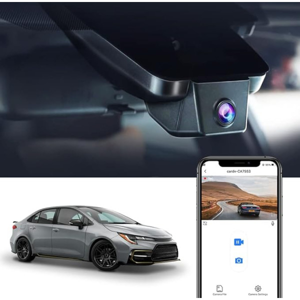 Fitcamx Dash Cam kamera, saderīga ar Toyota Corolla L LE SE XLE XLE XSE SE Nightshade Sedan 4D Hybrid Touring Sports 12th Gen (E210) 2019-2022, 4K video WiFi OEM Auto kamera, nakts redzamība, G-sensors, ar 64GB