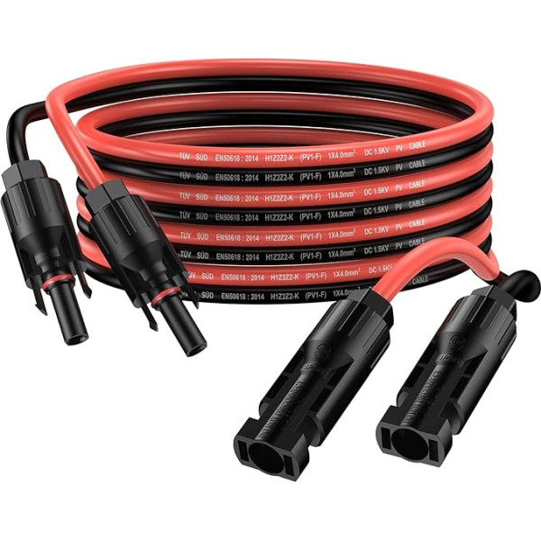 Saules kabelis 3 m 4 mm² saules paneļa pagarinājuma kabelis 12AWG IP68 ūdensizturīgs Adater kabelis ar kontaktligzdas un kontaktdakšas savienojumu (3 m sarkans + 3 m melns)