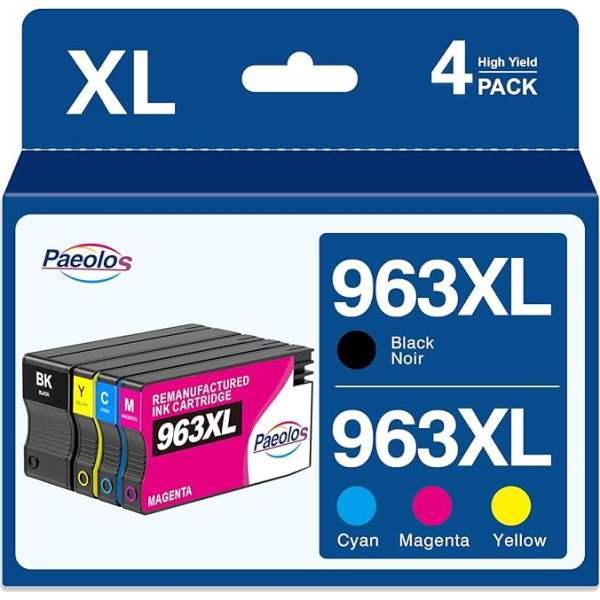 Paeolos 963XL daugiapakopės restauruotos spausdintuvo kasetės, skirtos HP 963 963XL rašalo kasetėms, suderinamos su HP OfficeJet Pro 9010 9012 9014 9015 9016 9019 9020 9022 9025, juodos/juodos/magentos/geltonos spalvos