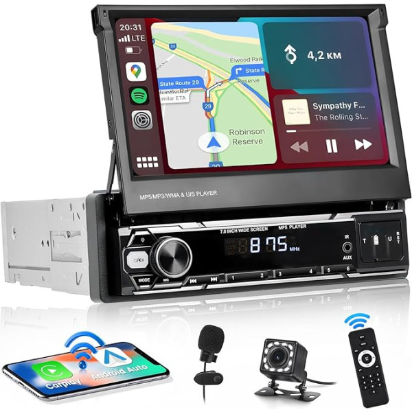 Hikity Autoradio 1Din Wireless Carplay mit Ausfahrbar Bildschirm 7 Zoll Auto Radio 1Din mit Android Auto Bluetooth-Freisprecheinrichtung FM AUX TF USB SWC Mirror Link Rückfahrkamera