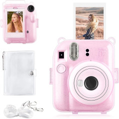 Rieibi Instax Mini 12 futrālis - spīdīgs futrālis Fujifilm Instax Mini 12 tūlītējai fotokamerai ar aizmugurējo somu, caurspīdīgu plecu siksnu un mini fotoalbumu - spīdīgi rozā, spīdīgi rozā, Somiņa instax fotoaparātam