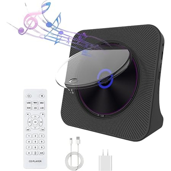 Portable CD Player, Personal CD Player, Home Audio with Bluetooth Remote Control, FM Radio, Built-in HiFi Speaker, LCD Display, MP3 Headphones, Jack, AUX Input Output