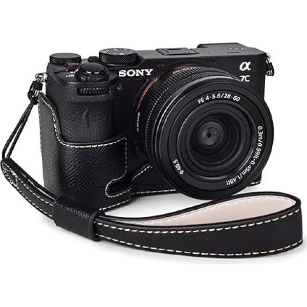 Rieibi Alpha 7C II futrālis - Premium PU ādas puspiederums Sony A7C II/Alpha 7C Mark II/A7C2 digitālajai kamerai - Aizsargājošs Sony A7CII futrālis ar rokturi un apakšējo atveri, melns, puskabatas un plaukstas daļa