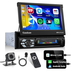 OiLiehu Auto radio 1 DIN CarPlay Android automašīnas 7 collu automātiskais izvelkamais ekrāns ar spoguļa saiti Bluetooth FM SWC AUX-in EQ USB TF karte + atpakaļgaitas kamera un tālvadības pults un mikrofons