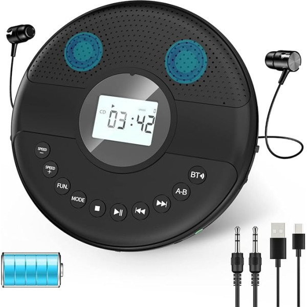 Gueray Bluetooth Tragbare CD-Player 1500mAh Asmeninis CD grotuvas su dviem garsiakalbiais, 