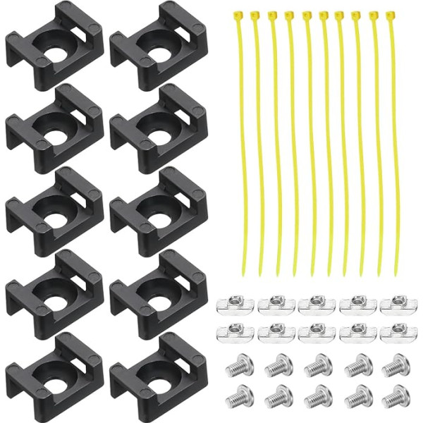 sourcing map Kabelbinder-Basis, 6,5 mm Lochdurchmesser, Satteltyp, Drahthalter für 40er-Serie, europäischer Standard, Aluminium-Extrusion mit M5-Schrauben, Muttern, Bändern, Schwarz, 10 Stück