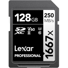 Lexar Professional SD128CBNA1667 x 128GB SDXC UHS-II karte ar lasīšanas ātrumu līdz 250MB/s profesionāliem fotogrāfiem, videogrāfiem un entuziastiem