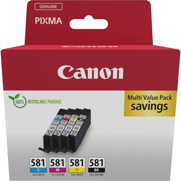 Canon CLI-581 C M Y BK Vorteilspack 4 Tintenpatronen (Schwarz, Cyan, Magenta, Gelb) Original [Umweltfreundliche Recycle-Kartonverpackung 2024]