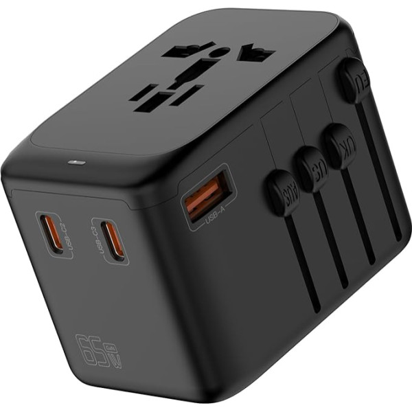 Universeller Reiseadapter, GaN-Ladegerät 65 W, internationaler Steckeradapter mit 3 USB-C PD und 1 USB-A QC, Reiseladegerät mit weltweitem US/EU/UK/AU-Steckeradapter