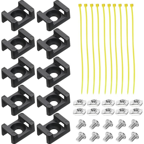 sourcing map Kabelbinder-Basis, 6,5 mm Lochdurchmesser, Satteltyp, Drahthalter für 30er-Serie, europäischer Standard, Aluminium-Extrusion mit M5-Schrauben, Muttern, Bändern, Schwarz, 10 Stück