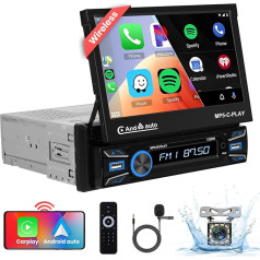 Podofo Bezvadu Carplay/Android auto radio 1Din ar 7 collu izvelkamu displeju Automātiskais ekrāns Bluetooth 5.1 Bezvadu Android auto FM 2USB/MIC/Type C/ar atpakaļgaitas kameru Stūres vadības rats