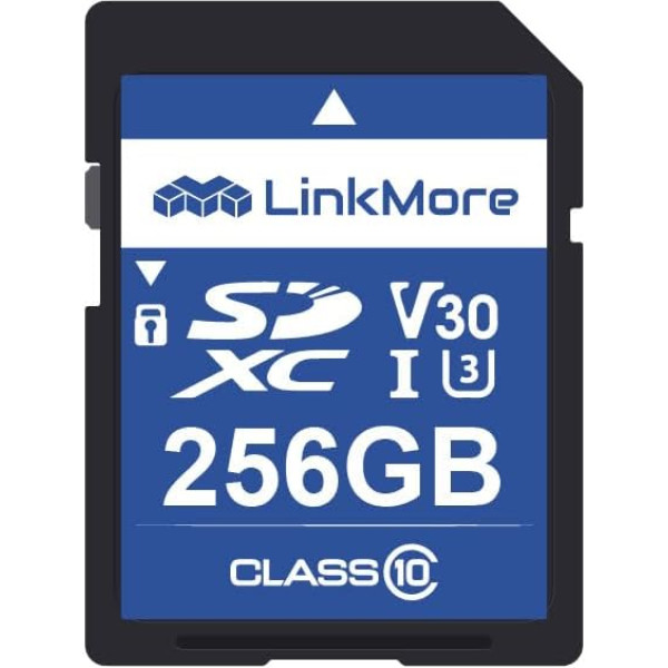 LinkMore 256 GB SD karte, saderīga ar kameru, datoru, UHS-I, U3, V30, 10. klase, lasīšanas ātrums līdz 98 MB/s, rakstīšanas ātrums līdz 75 MB/s.