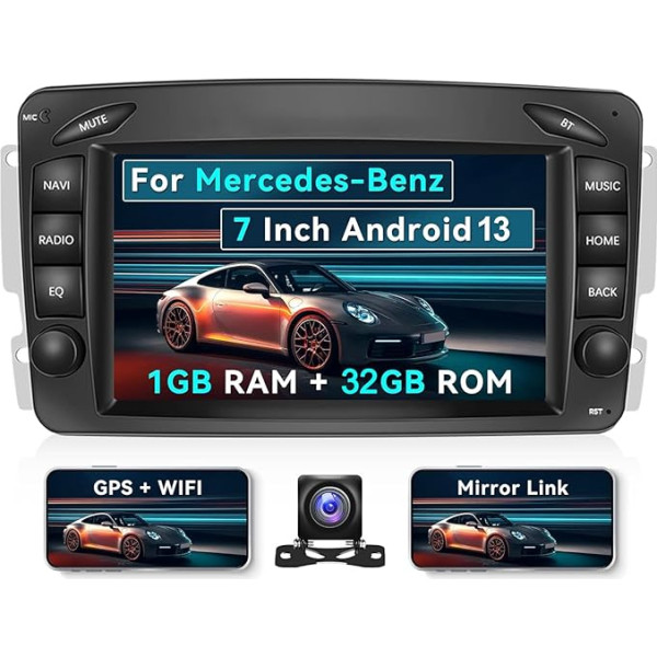 Android 13 Auto radio Mercedes Benz C/CLK/G klases W203 W209 W463 Vito, 7 collu ekrāns Bluetooth 2 DIN 1 + 32G ar navigāciju FM/RDS radio WiFi Bluetooth Mirror Link + AHD atpakaļskata kamera