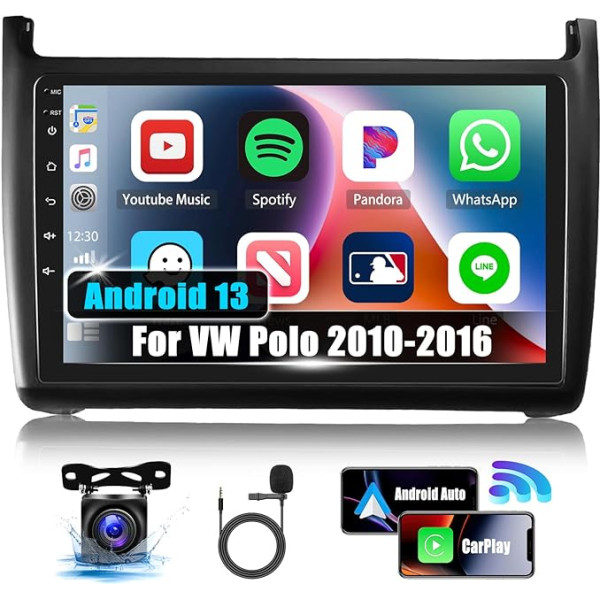 CAMECHO 9 collu 1 + 32G Android 11 autoradio VW Polo 2010-2016, bezvadu Carplay/Android autoradio ar navigācijas WiFi Hi-Fi Bluetooth FM/RDS Dual USB + AHD atpakaļgaitas kamera un mikrofons