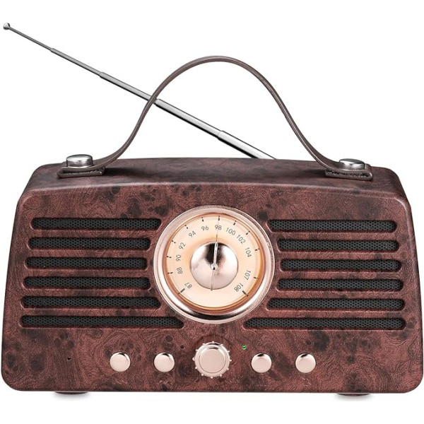 Retro Bluetooth skaļrunis, Aurtec pārnēsājamais bezvadu Bluetooth 4.2 skaļrunis ar radio FM, stereo skaļrunis lietošanai ārpus telpām ar jaudīgu skaņu un zemfrekvences skaļruni, brūns