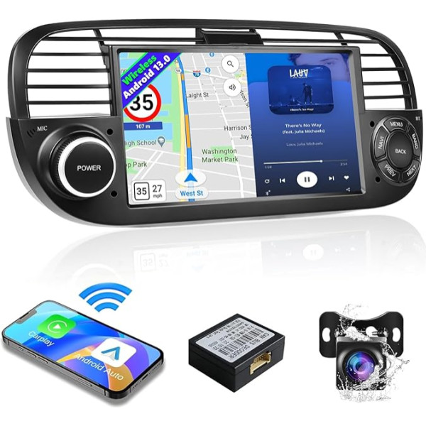 Podofo Android auto radio priekš Fiat 500 2007-2015 Radio Wireless Carplay Android Car, 7 collu ekrāns, auto radio ar GPS navigāciju, WiFi, Bluetooth, RDS FM, USB, SWC, Mirror Link Android/iOS