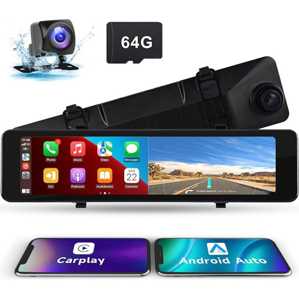 Hodozzy 11,26 collu spoguļa Dash Cam Apple Carplay Android Auto Bluetooth 170°WDR ūdensizturīga nakts redzamības priekšējā atpakaļskata un atpakaļgaitas kamera IPS skārienjūtīgais ekrāns 64G SD karte