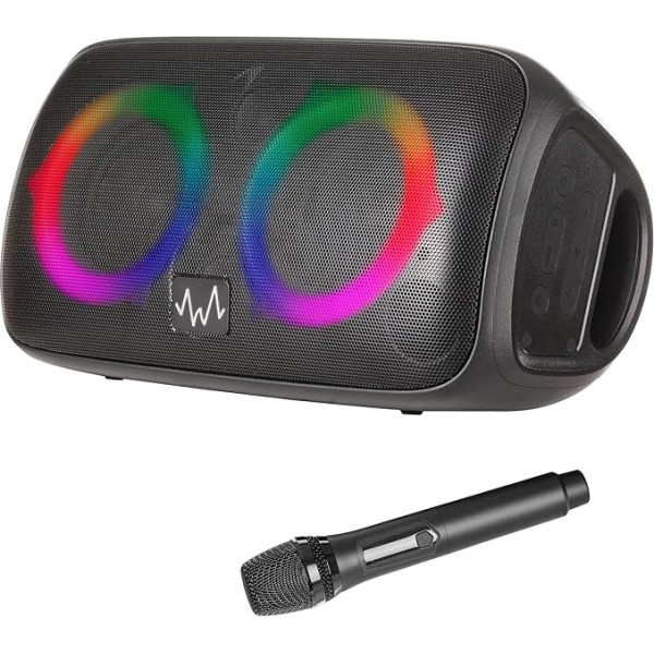 Wave 5999999 Svētku skaļrunis/karaoke mašīna/portatīvais skaļrunis ar karaoke mikrofonu un LED apgaismojumu, 60 W, melns