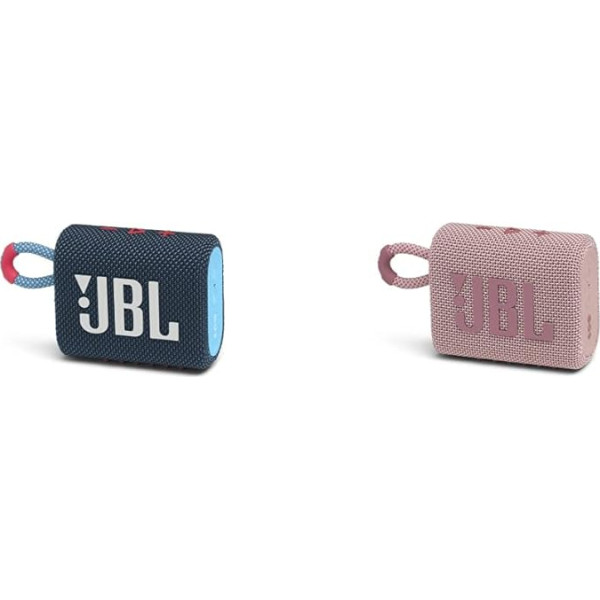 JBL GO 3 maza Bluetooth kaste rozā krāsā - ūdensnecaurlaidīgs portatīvais skaļrunis ceļošanai & GO 3 maza Bluetooth kaste zilā un rozā krāsā - ūdensnecaurlaidīgs portatīvais skaļrunis ceļošanai